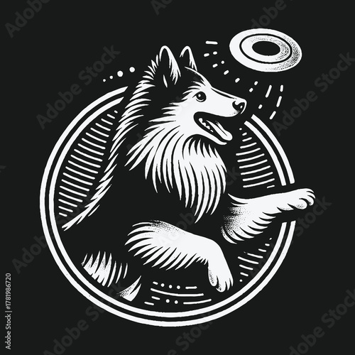 Energetic border collie dog catching a frisbee in a circular emblem.