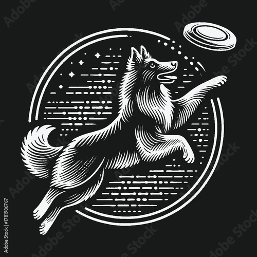 Monochrome engraving style illustration of a dog jumping for a frisbee.