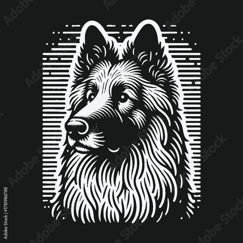Monochrome graphic illustration of a majestic German Shepherd dog head.