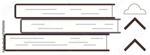 Three stacked books, cloud, and upward arrows represent learning, education, and transition to digital platforms. Ideal for e-learning, technology, knowledge, progress innovation reading