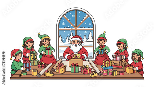 Festive Workshop: Santa Claus and his elves gather in a workshop filled with the magic of the holiday season, meticulously wrapping and preparing gifts with care, against the snowy backdrop.