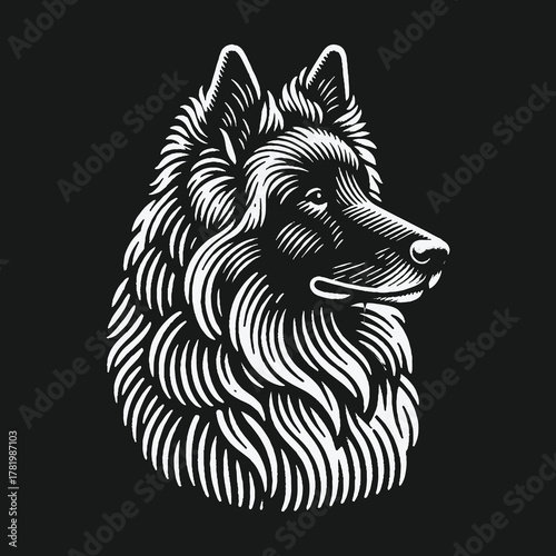Stylized German Shepherd dog head in a classic engraving style.