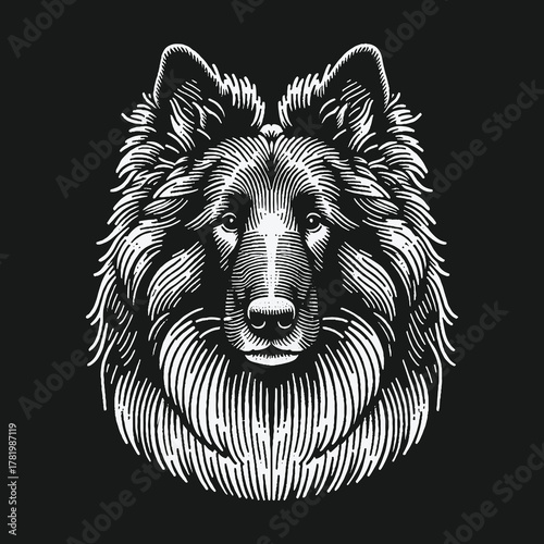 Monochrome Engraved Portrait of a Majestic Shepherd Dog.