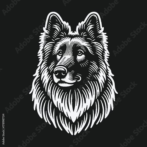 Majestic German Shepherd dog head in a black and white engraving style.