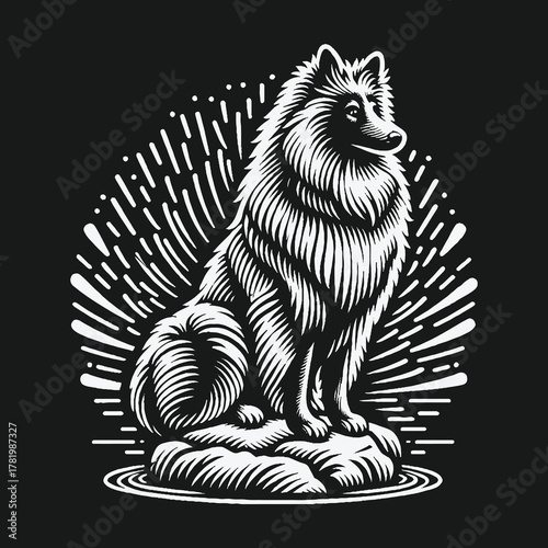 Majestic Keeshond dog in a black and white graphic illustration style.