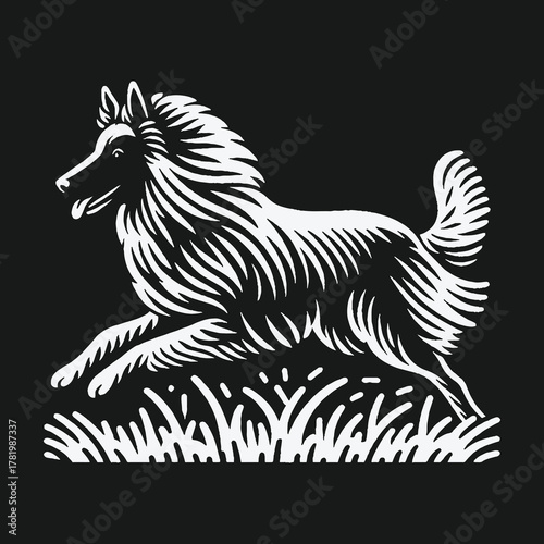 Stylized running collie dog in a black and white linocut illustration.