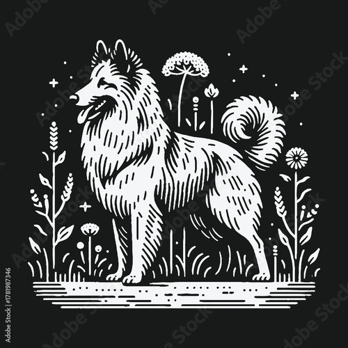 Stylized black and white linocut illustration of a dog in a meadow at night.