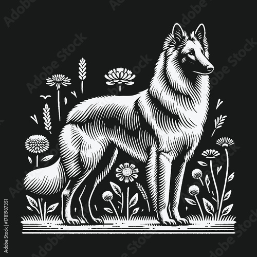 Belgian Tervuren shepherd dog in a field of flowers black and white illustration.
