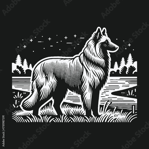 Majestic Belgian Tervuren Dog in a Starry Night Landscape Illustration.