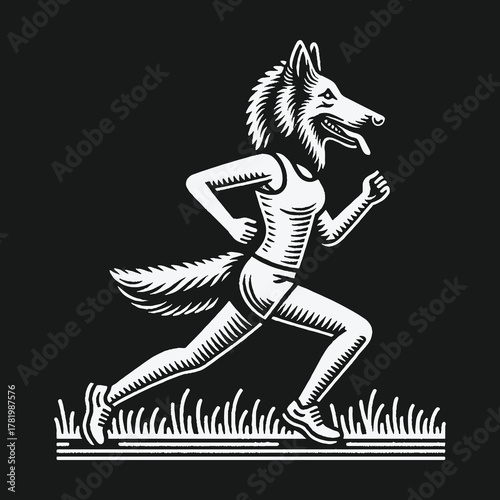 Vintage woodcut illustration of an anthropomorphic she wolf running.