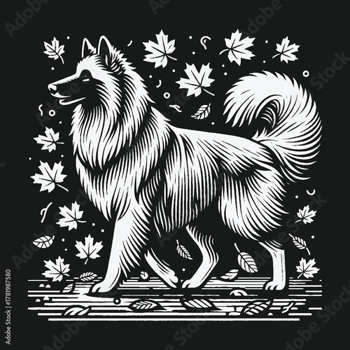 Majestic fluffy dog in a black and white autumn scene illustration.