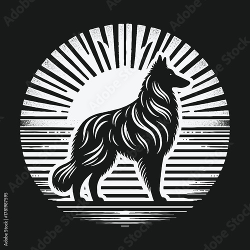 Belgian Shepherd dog silhouette in a retro sunburst circle design.