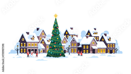 Cozy Winter Village: The festive spirit comes to life, showcasing snow-covered rooftops, twinkling lights, a decorated Christmas tree, and inviting homes that exude warmth during the holiday season.