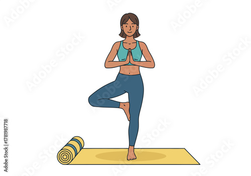 Illustration of a woman in sportswear performing the tree pose, or Vrksasana, on a yellow yoga mat.