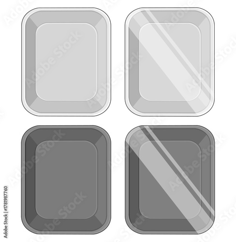 Vector set empty food tray. Black And White Plastic Food Tray. Isolated On White Background.