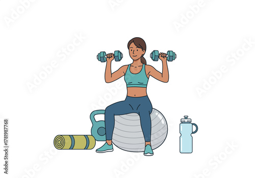 A woman in athletic wear performs a dumbbell shoulder press while seated on a stability ball, surrounded by fitness equipment.