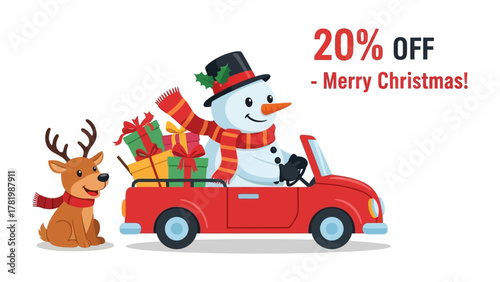 Holiday Delivery: A whimsical holiday scene of a jolly snowman driving a red car loaded with gifts, alongside a cheerful reindeer, against a backdrop of festive cheer.