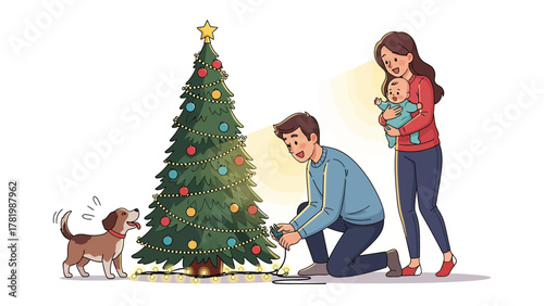 Warm Family Moments at Christmas: A family gathers, filled with anticipation and joy, around a beautifully adorned Christmas tree, ready to start decorating for a festive season.