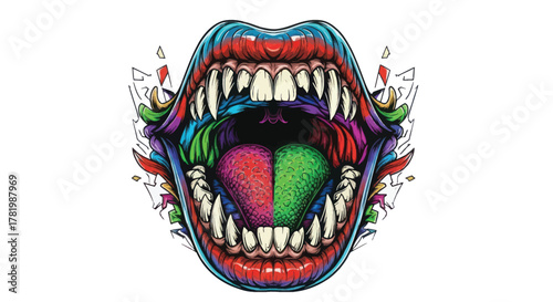 Vibrant open mouth with sharp teeth and split tongue, a bold statement for edgy designs
