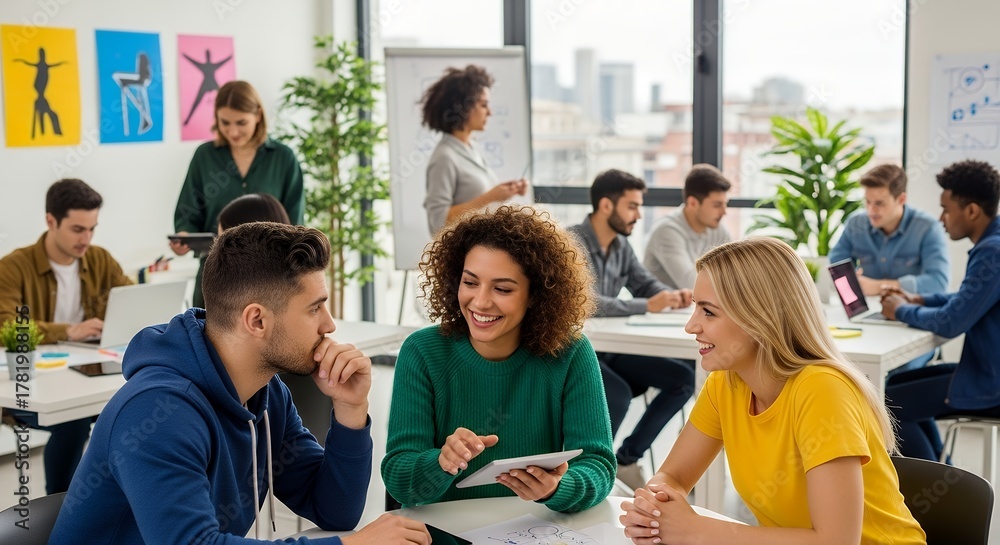 Fototapeta premium Modern youth teamwork concept, smiling and exchanging thoughts