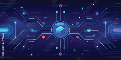 Futuristic digital network interface with glowing neon circuits and a central cube symbolizing blockchain technology and data connectivity in cyberspace
