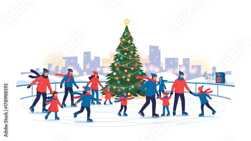 Winter Wonderland: A festive illustration of people ice skating around a decorated Christmas tree. Capturing the joy and community spirit of the season.