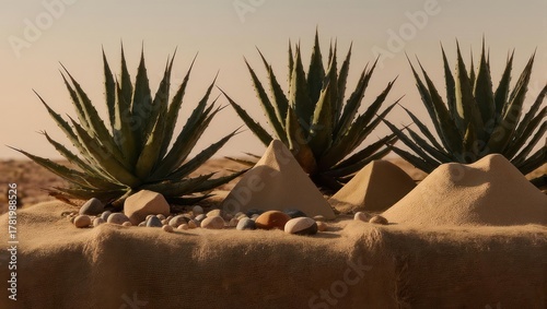 Fototapeta Naklejka Na Ścianę i Meble -  Desert scene with aloe plants, sand dunes, and pebbles under a warm-toned sky