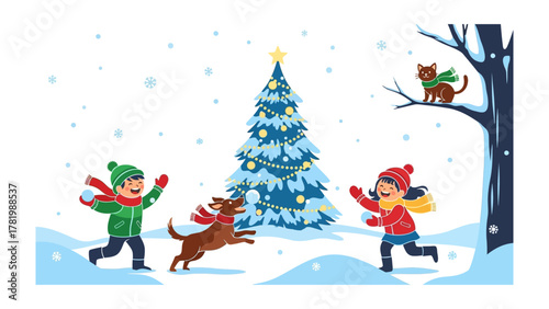 Winter Fun: Children and Pets Engage in a Festive Snowball Fight, Joyfully Playing in a Sparkling, Snowy Wonderland.