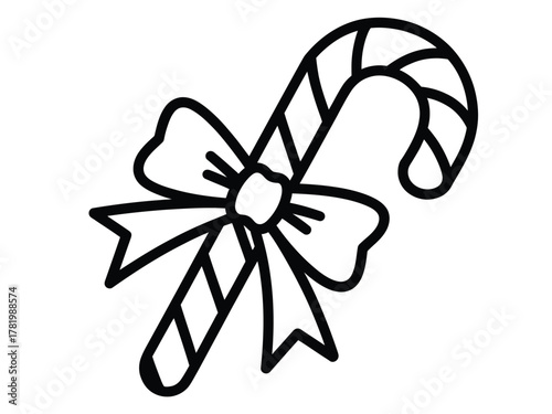 A simple line drawing of a candy cane with a bow is suitable for coloring pages or holiday themes.