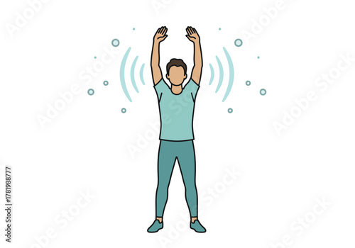 Vector illustration of a man practicing a wellness exercise, raising his arms with energy waves.