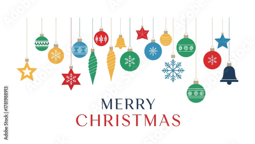 Festive Christmas Ornaments: A vibrant arrangement of colorful ornaments hanging, celebrating the holiday spirit with cheerful designs and the message of Merry Christmas. 