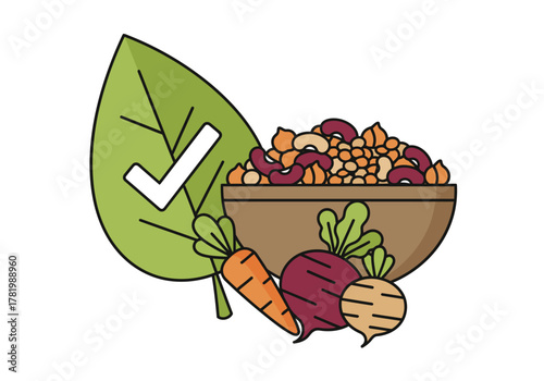 Healthy plant-based diet concept with a bowl of legumes, root vegetables, and an approval checkmark.