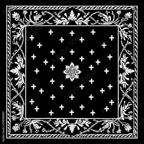 Bandana shows floral elements forming ornamental borders with cross shapes on a black field