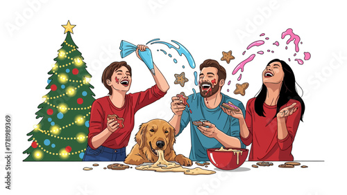 Holiday Cookie Chaos: Friends share laughter and joy while baking Christmas cookies and the family dog joins in the fun. Festive cookies, Christmas tree and laughter with family and pet.