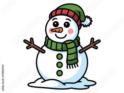 A cartoon snowman wearing a hat and scarf stands cheerfully in the snow.
