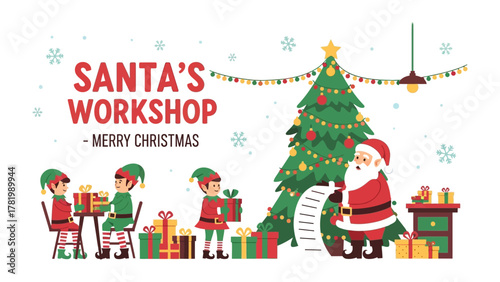 Santa's Workshop: A charming illustration capturing the festive spirit, elves busily preparing gifts near a decorated Christmas tree.