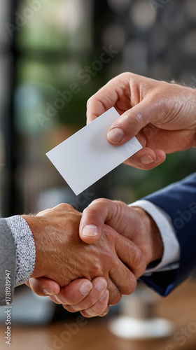 Close-up of handshake while exchanging a business card, symbolizing partnership, networking, trust, and corporate communication.
