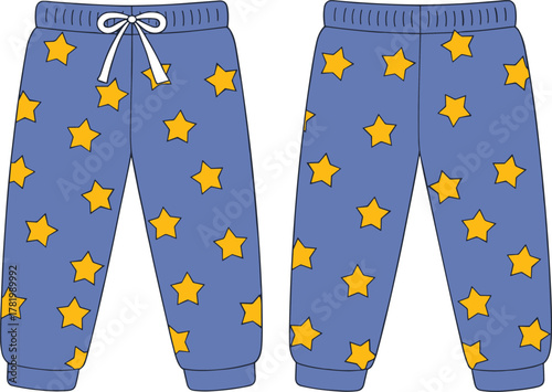 Blue pajama pants, yellow star pattern, front and back view, casual sleepwear, children clothing, nightwear fashion, cozy loungewear design