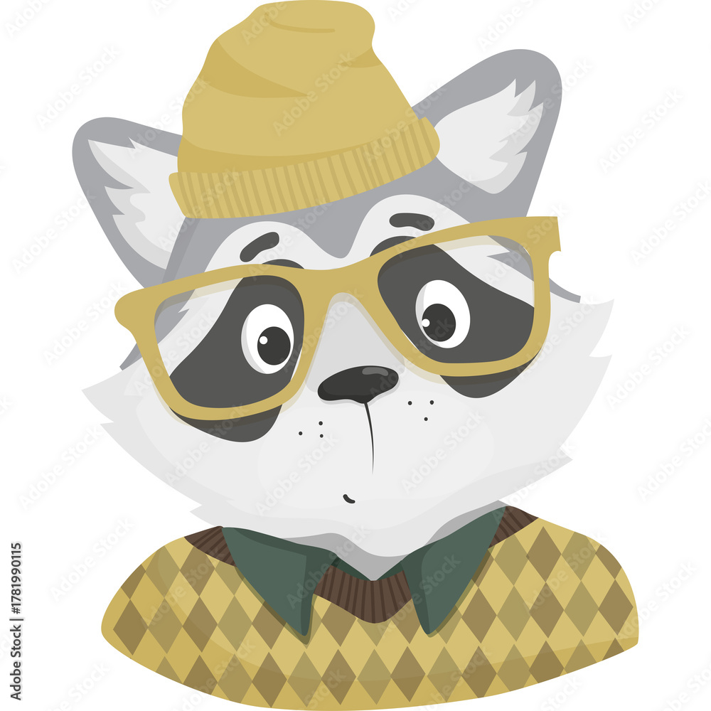 Fototapeta premium A Hipster Raccoon Wearing a Yellow Beanie and Glasses with a Plaid Sweater and Green Collar on a Transparent Background