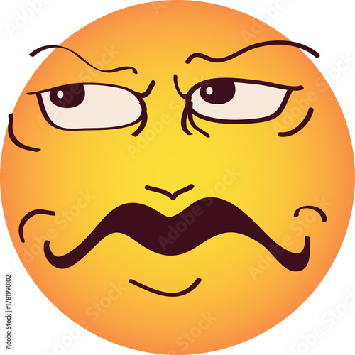 A cartoon yellow face with a dark brown mustache expresses suspicion and slyness with narrowed eyes and a smirking mouth on a transparent background