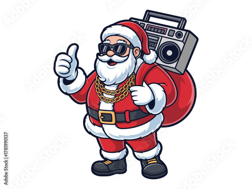 Santa Claus wearing sunglasses and gold chains with a boombox on his shoulder and a sack of gifts.