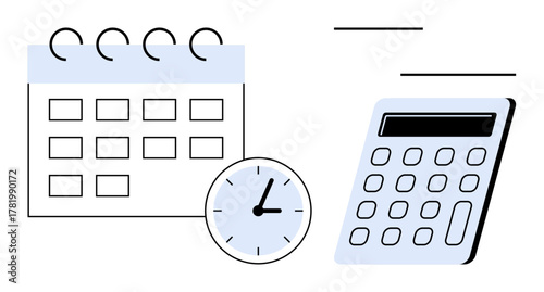 Calendar with marked squares, clock, and calculator signify organized time management and scheduling. Ideal for productivity, planning, deadlines, workflow, efficiency, organization financial