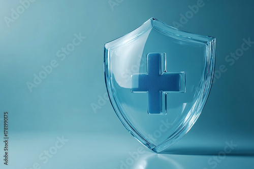 Trustworthy health insurance concept with transparent shield and blue medical cross symbol on light blue background representing protection and care for wellbeing. Copy space	