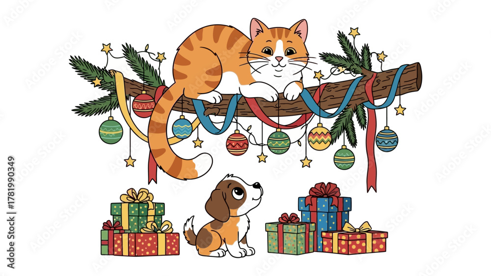 Fototapeta premium Christmas Friends: A heartwarming scene unfolds as a cheerful cat lounges upon a festive branch adorned with ornaments, overlooking a puppy amidst a collection of holiday gifts.