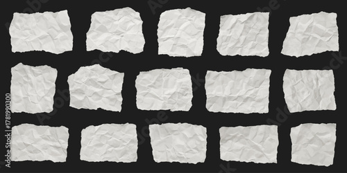 Crumpled white paper scrap texture collection, torn wrinkled note set, ripped creased pieces of sheet isolated on black background