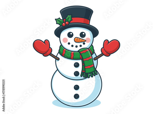 A friendly cartoon snowman wearing a hat, scarf, and mittens, with outstretched arms on a white background.