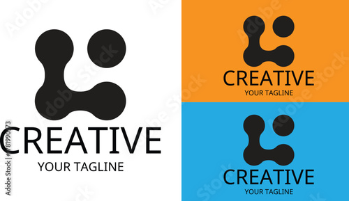 A modern, minimalist logo template featuring an abstract interconnected icon with the word "CREATIVE" and a tagline placeholder, available in white, orange, and blue versions, perfect for branding etc