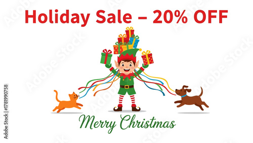 Holiday Sale Celebration: A cheerful elf, holding a bundle of colorful gifts and festive decorations, is surrounded by a playful cat and a happy dog celebrating the joy of the holiday sale.  