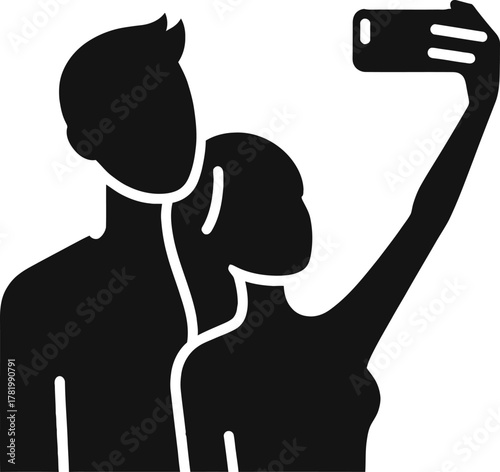Couple taking a smartphone selfie, digital modern lifestyle ico