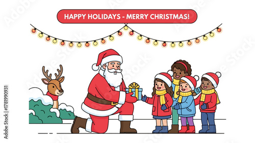 Christmas Gift of Santa Clause: Santa Clause presents a gift box to children, spreading holiday cheer and creating memories for youngsters, amidst twinkling lights and the presence of a reindeer